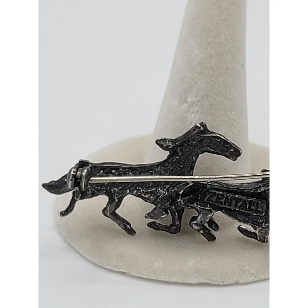 Vintage Zentall Three Running Horses Silver Tone Brooch